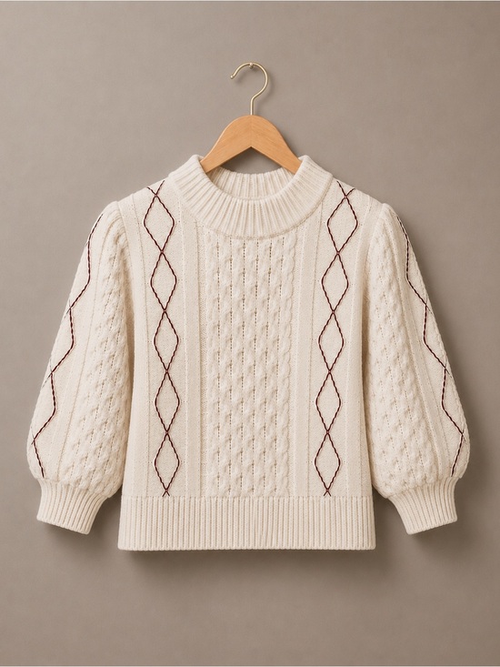 Rails Sweaters - Rails Cream Cable Knit Sweater Burgundy Diamond Stitch Puff Sleeve Knit Top S